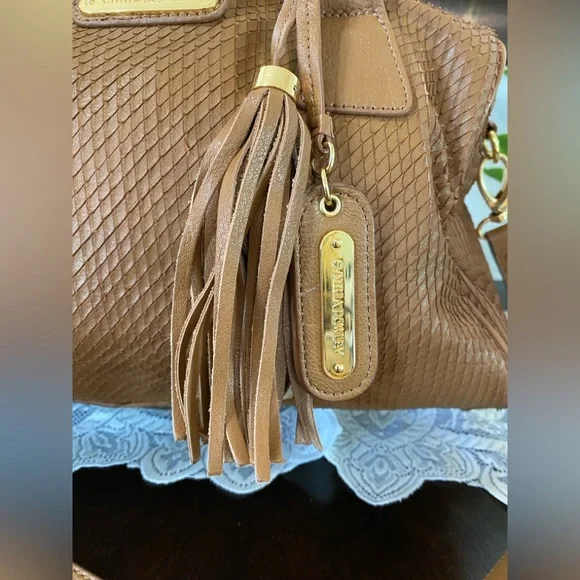 Cynthia Rowley leather satchel snakeskin texture, gold-tone hardware,tassel,Brn - Picture 4 of 17